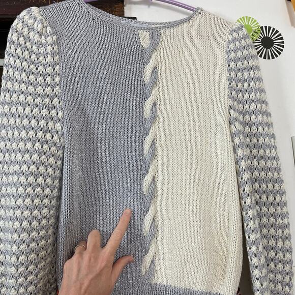 Vintage Gray & White Puff Sleeve Sweater, 1980s Cable Knit Nannell Boatneck Sz S - Picture 12 of 15